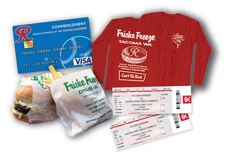 How Tacoma R You Prizes including Rainiers Debit Card, one Limited Edition Rainiers/Frisko Freeze t-shirt, two ticket vouchers to a future Rainiers game and two burger & fry meals courtgesy of Frisko Freeze